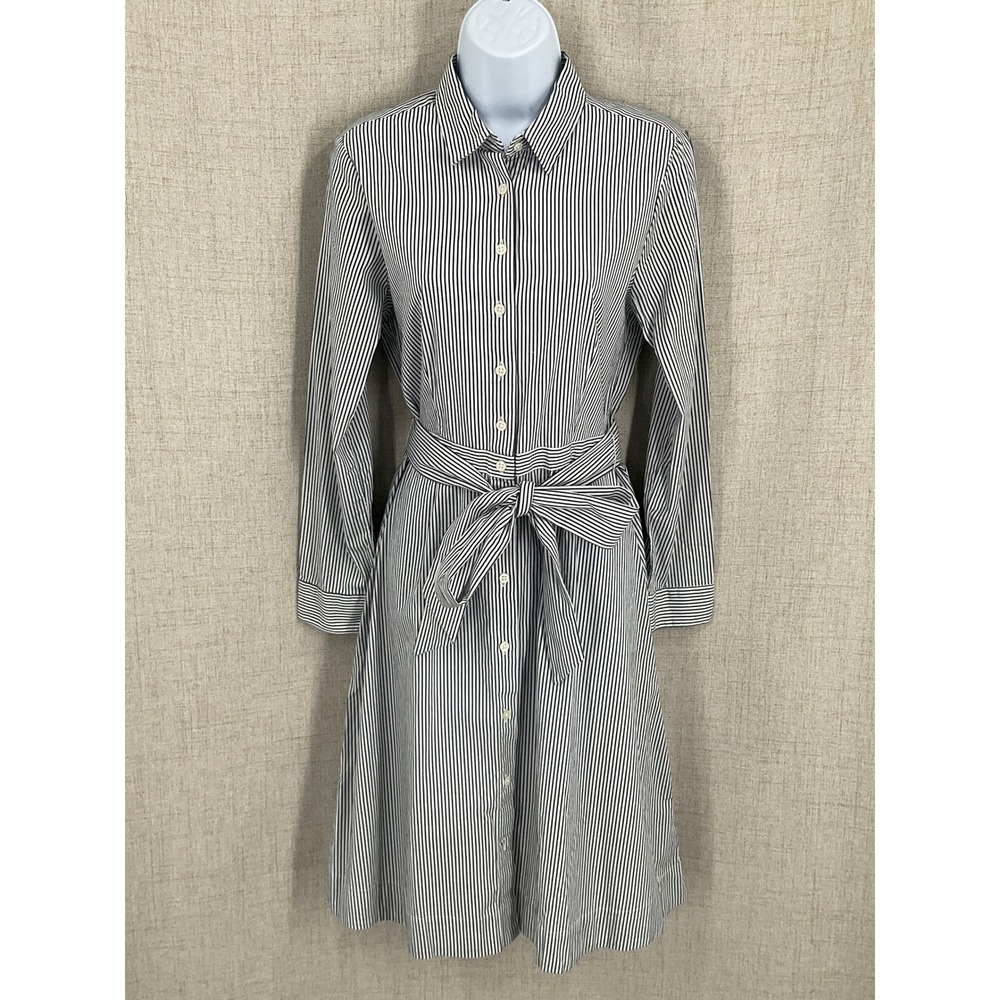 J.Crew Shirt Dress Womens 6 Navy White Cotton Striped Belted Timeless Preppy